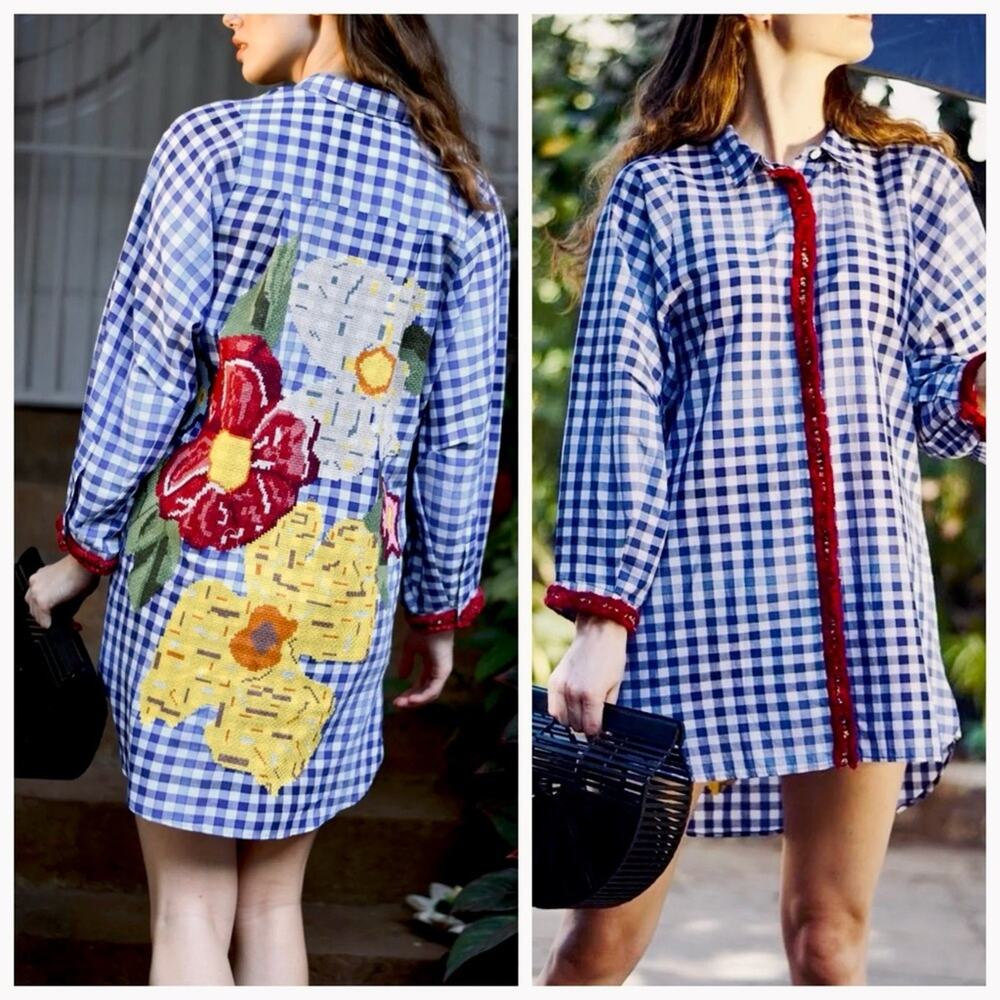 Gingham Shirt Dress Size M Floral Embroidered Boho Coquette Preppy Festival